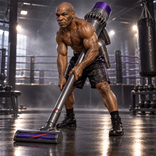 MIKE TYSON vacuuming the boxing gym floor